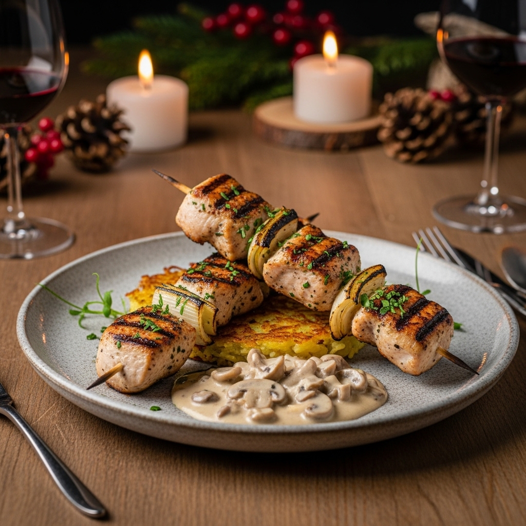 “Gourmet Gluten-Free German Lunch: Grilled Herb Chicken Skewers with Potato Rösti & Creamy Mushroom Sauce”